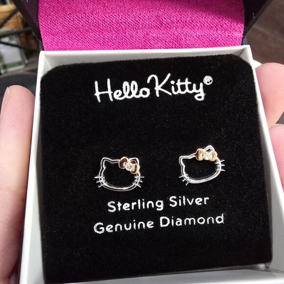 Hello Kitty Diamond Earrings | Sterling Silver 18K Rose Gold NWT Heart Chakra - Picture 1 of 7